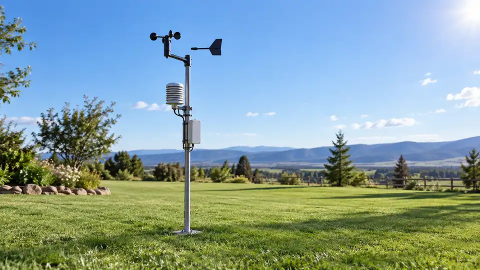 Weather station placed in an open backyard clearing away from obstructions.