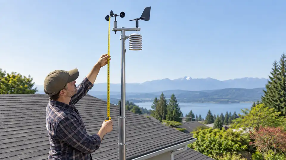 Weather station mast height measured above the surrounding backyard roofline.