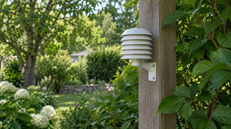 Outdoor temperature sensor mounted in a shaded ventilated shield away from heat sources.
