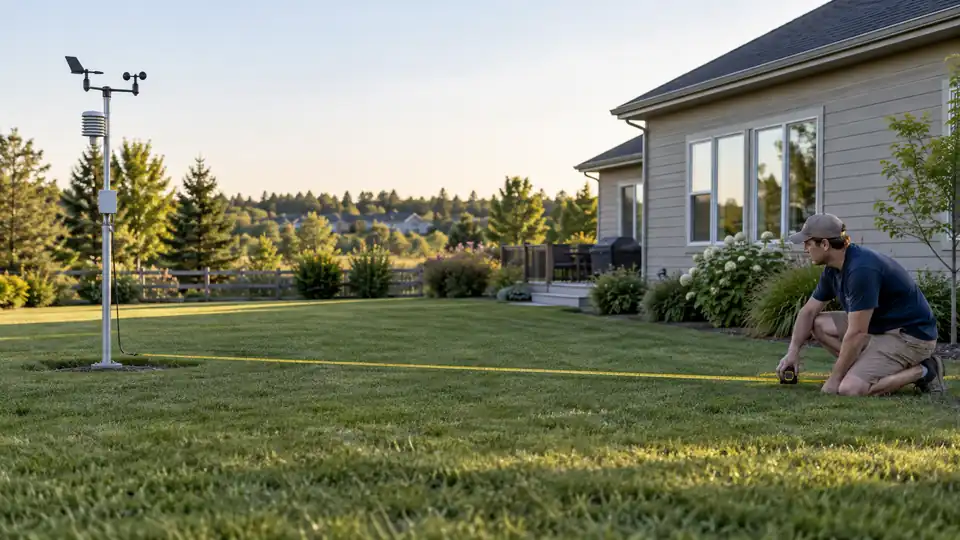 Outdoor weather station placed clear of the house and roofline in a backyard.