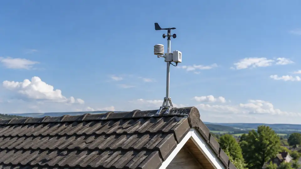 Weather station mounted securely on a roof ridge with clear exposure.