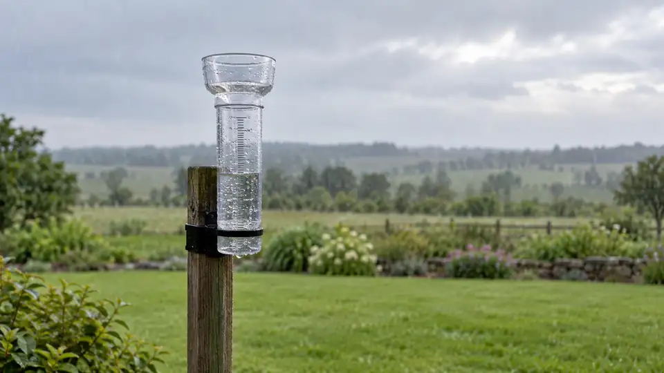 Rain gauge positioned level in an open garden away from trees and roof edges.