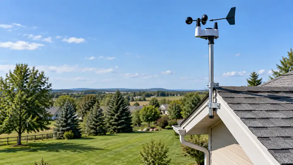 Weather station anemometer mounted high above a roof in an unobstructed location.