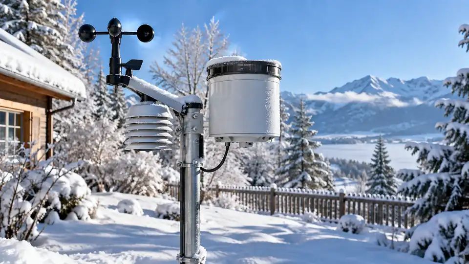 Cold-weather weather station with frost-resistant sensors in a snowy landscape.