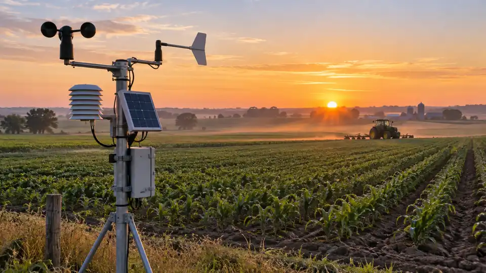 Agricultural weather station monitoring crop fields at sunrise.