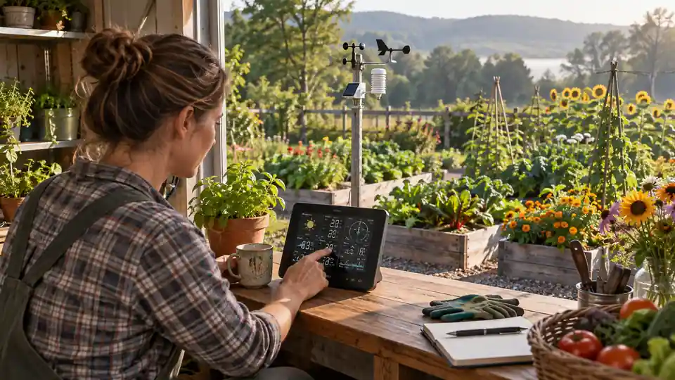 Gardener checking a home weather station beside productive raised beds.