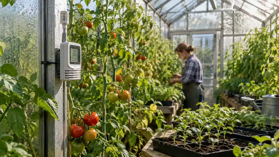 Weather station monitoring temperature and humidity inside a greenhouse.