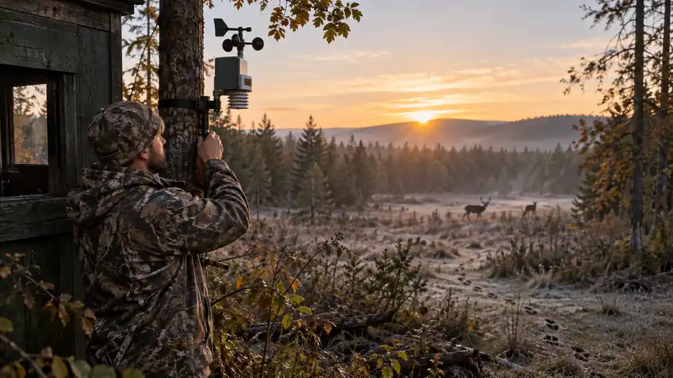 Portable weather station monitoring conditions near a woodland hunting blind.