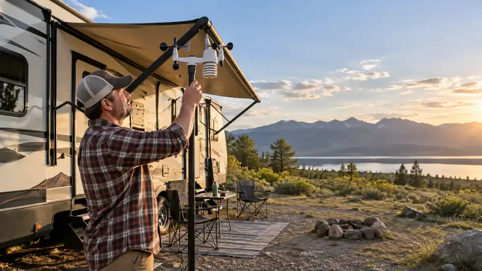 Compact weather station set up beside a recreational vehicle at a campground.