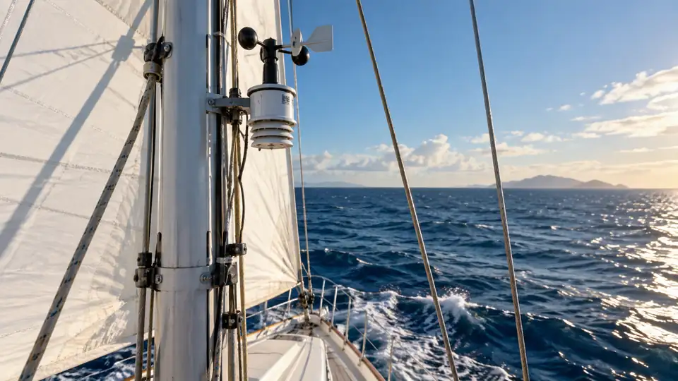 Marine weather station mounted on a sailboat mast above open water.