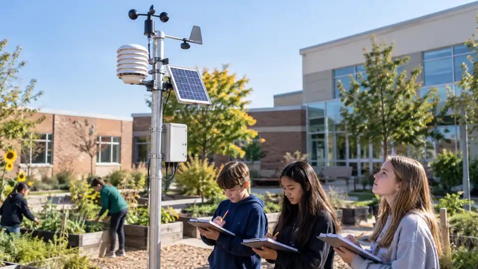School weather station installed in a campus courtyard for outdoor learning.