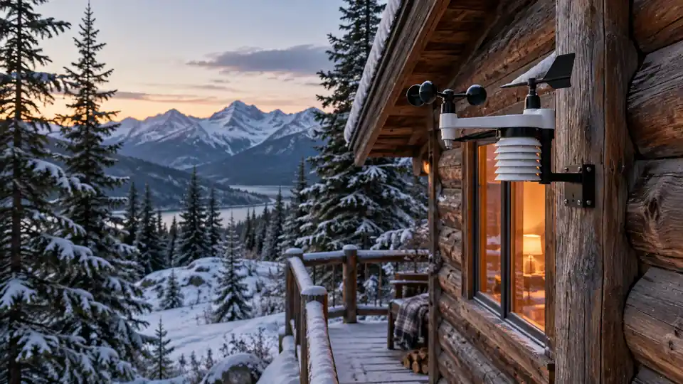 Weather station mounted beside a secluded cabin in a snowy forest.