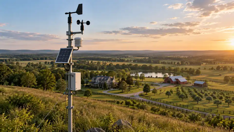 Long-range weather station monitoring a large property and distant fields.