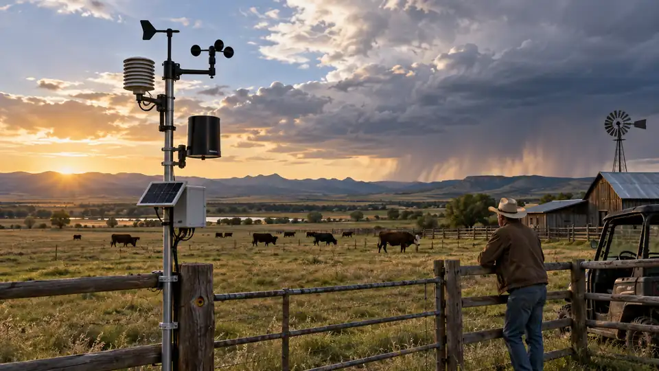 Weather station monitoring wide ranch pasture beside livestock fencing.