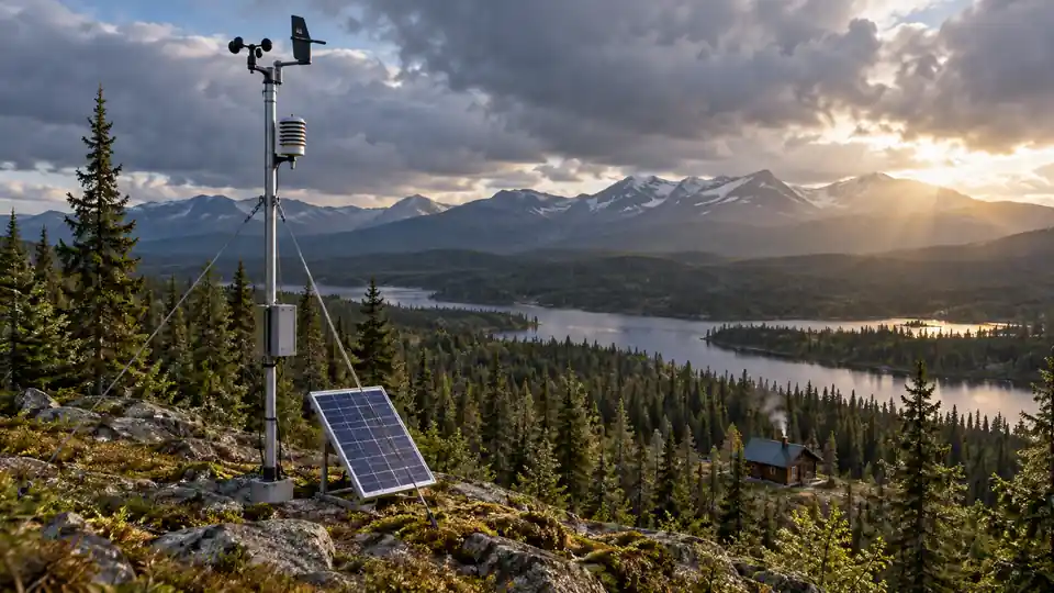 Remote weather station on an off-grid property beside a solar panel.