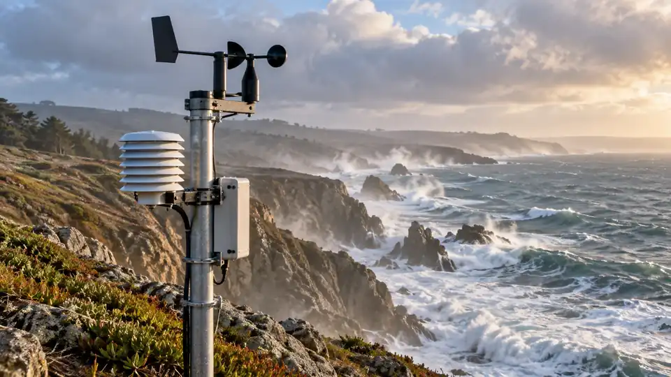 Weather station overlooking a windy coastal bluff and ocean surf.