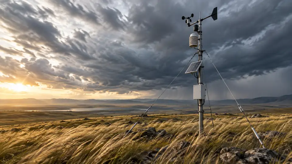 Reinforced weather station mast measuring strong winds across an open plain.
