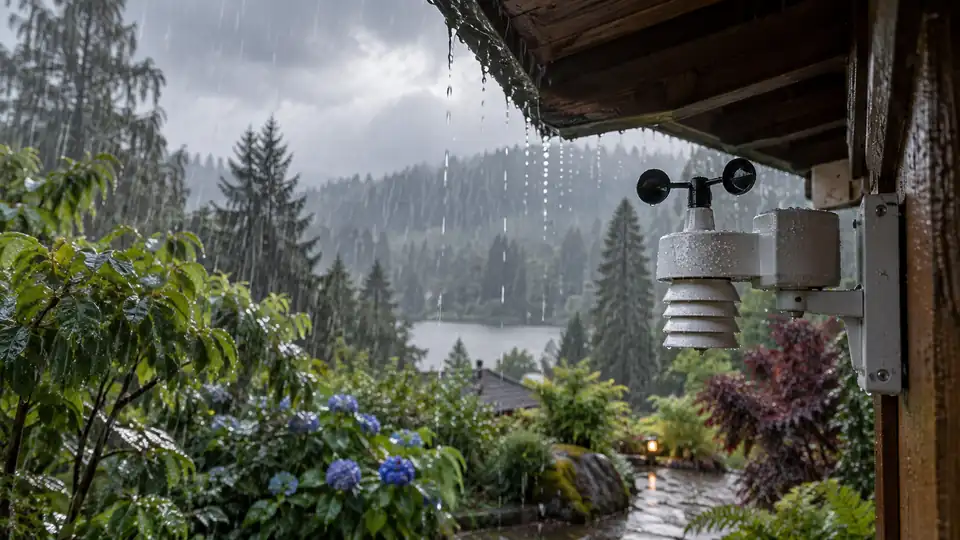 Weather station protected beneath an eave in a rainy climate.