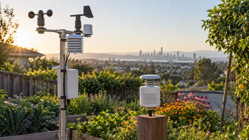 Weather station paired with an air quality monitor in a residential garden.